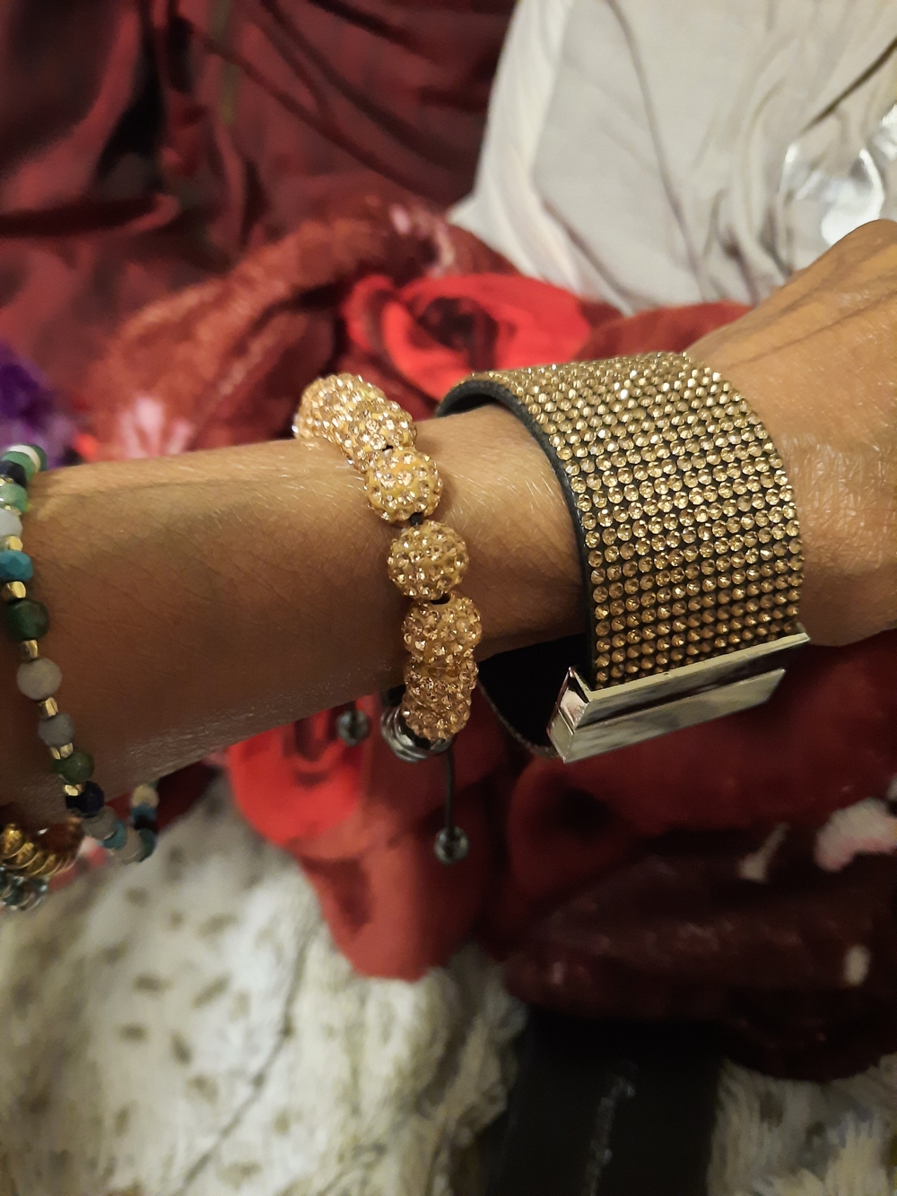 NWT CHAMPAGNE 🍾 Crystal Bead Bracelets LOT of 2 MASSIVE Wide Magnetic & Bolo